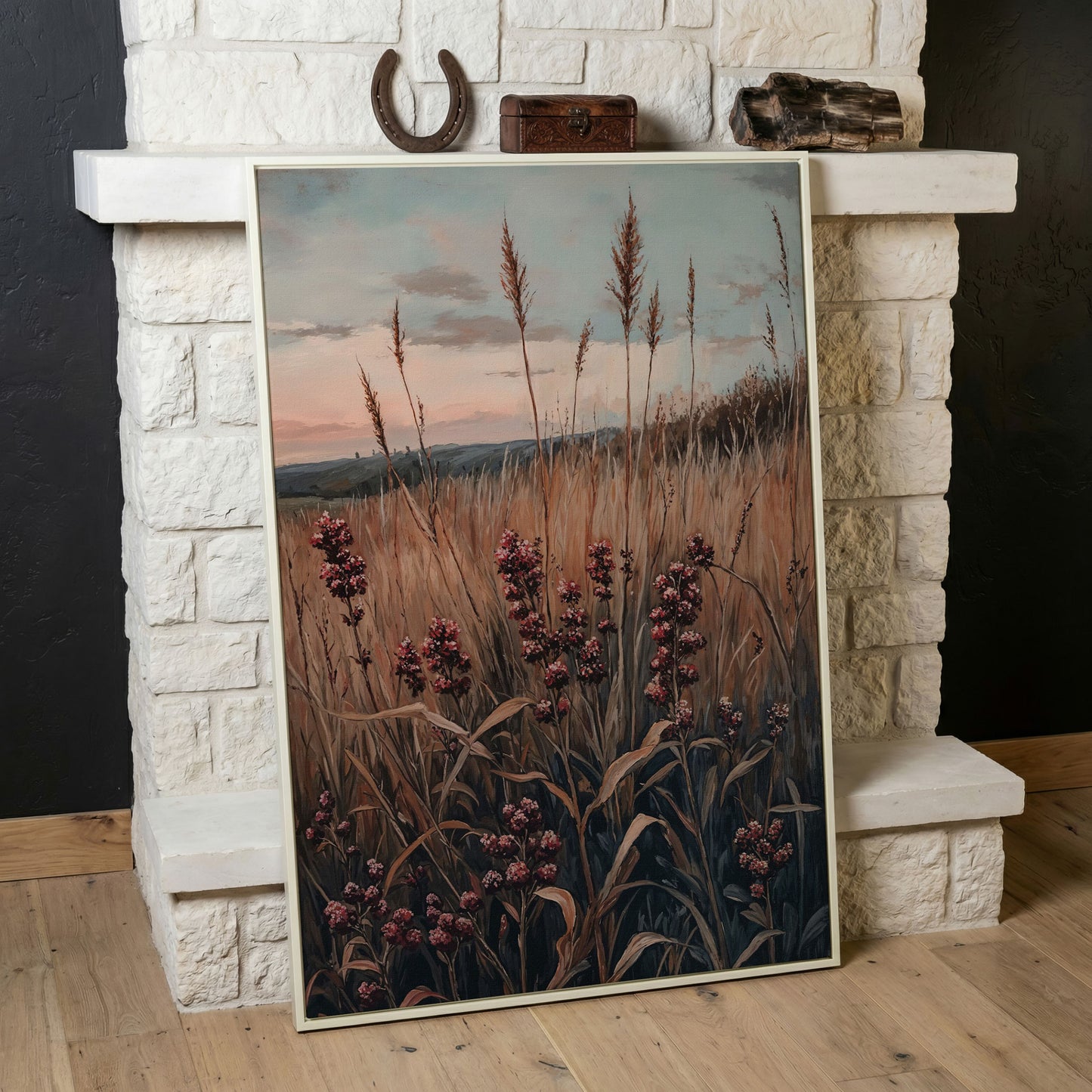 Tranquil Autumn Meadow Canvas Print in white floating frame
