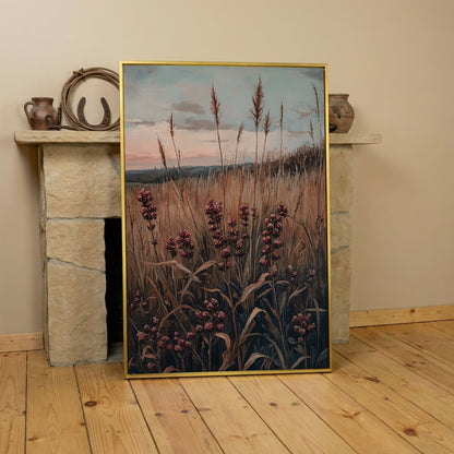 Tranquil Autumn Meadow Canvas Print in yellow gold floating frame