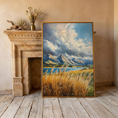 Mountain Landscape Canvas with Golden Grass and Cerulean Peaks in antique gold floating frame