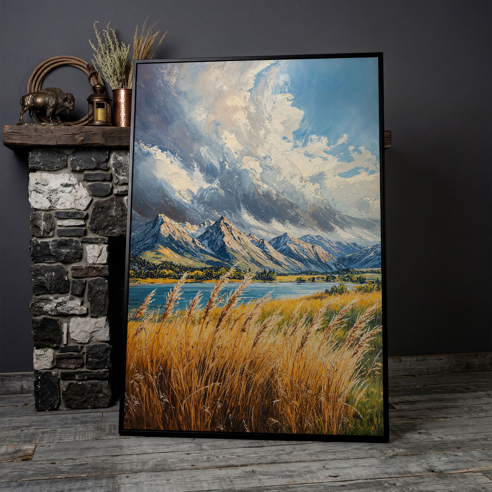 Mountain Landscape Canvas with Golden Grass and Cerulean Peaks in black floating frame