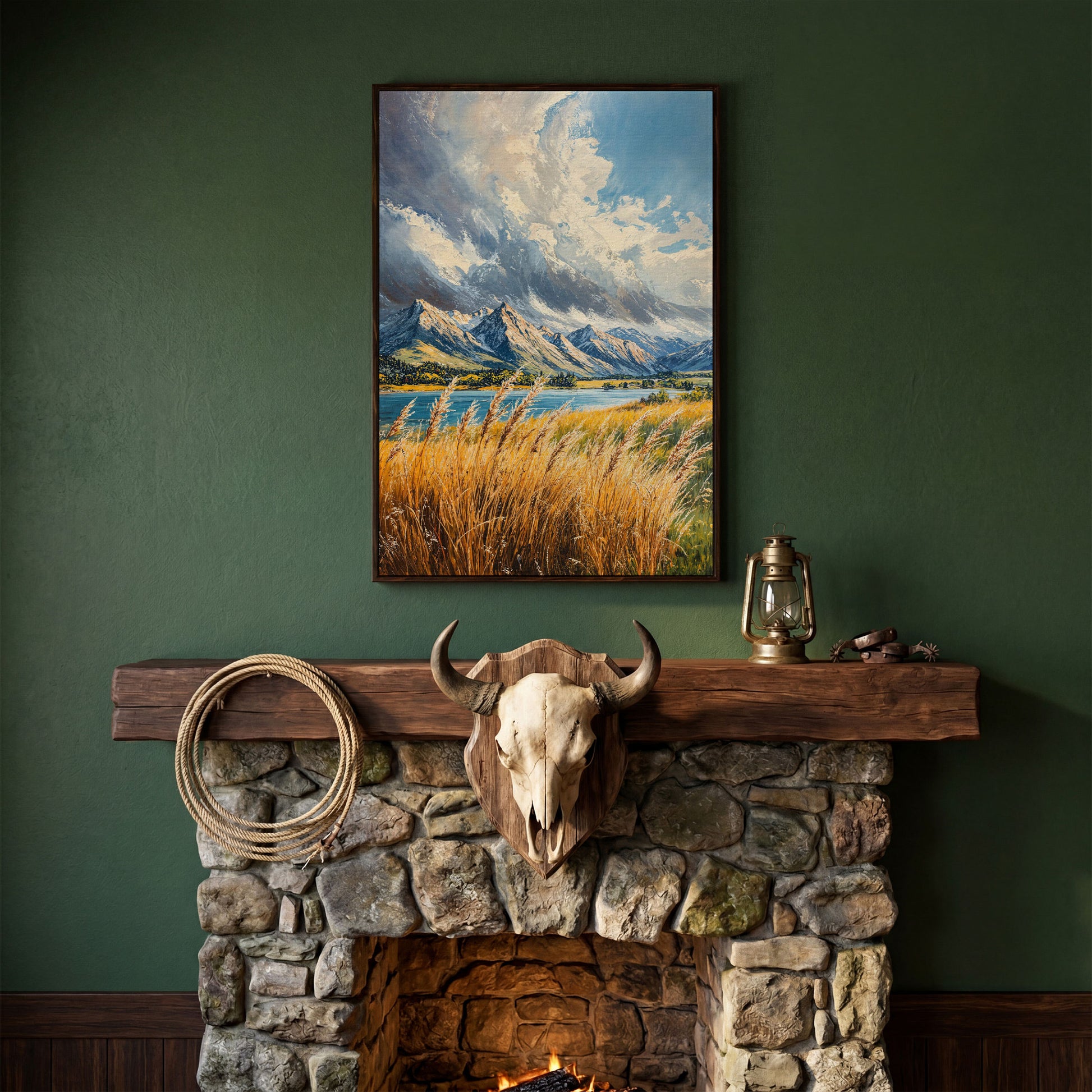 Mountain Landscape Canvas with Golden Grass and Cerulean Peaks in dark walnut floating frame