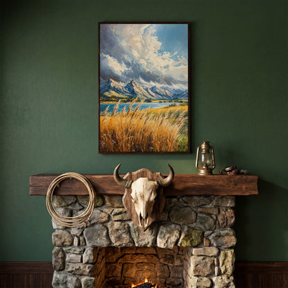 Mountain Landscape Canvas with Golden Grass and Cerulean Peaks in dark walnut floating frame