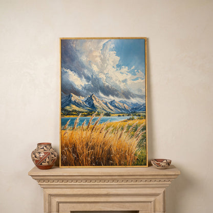Mountain Landscape Canvas with Golden Grass and Cerulean Peaks in white oak floating frame