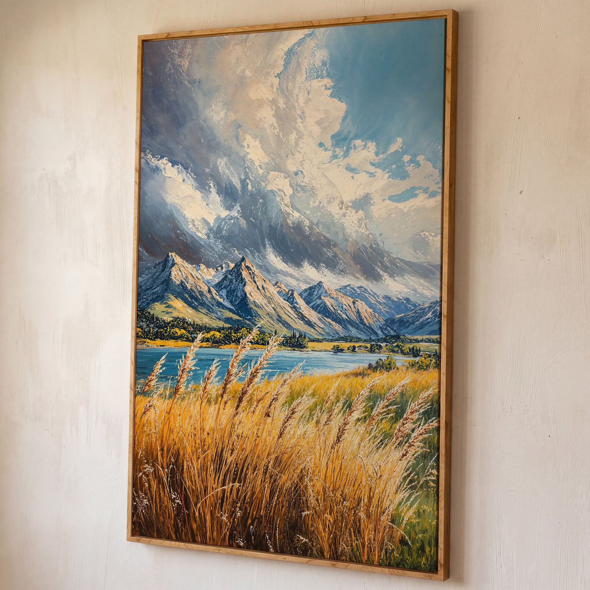 Mountain Landscape Canvas with Golden Grass and Cerulean Peaks shown in white oak floating frame