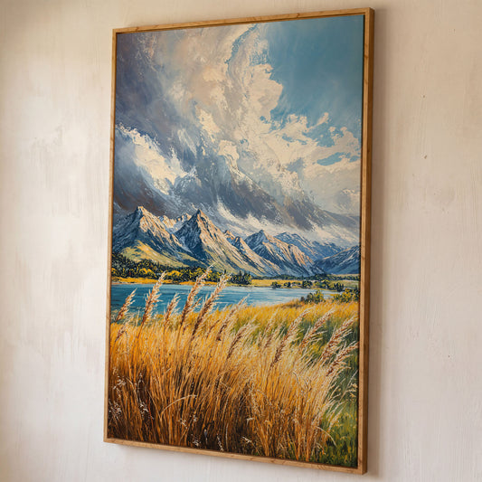 Mountain Landscape Canvas with Golden Grass and Cerulean Peaks shown in white oak floating frame