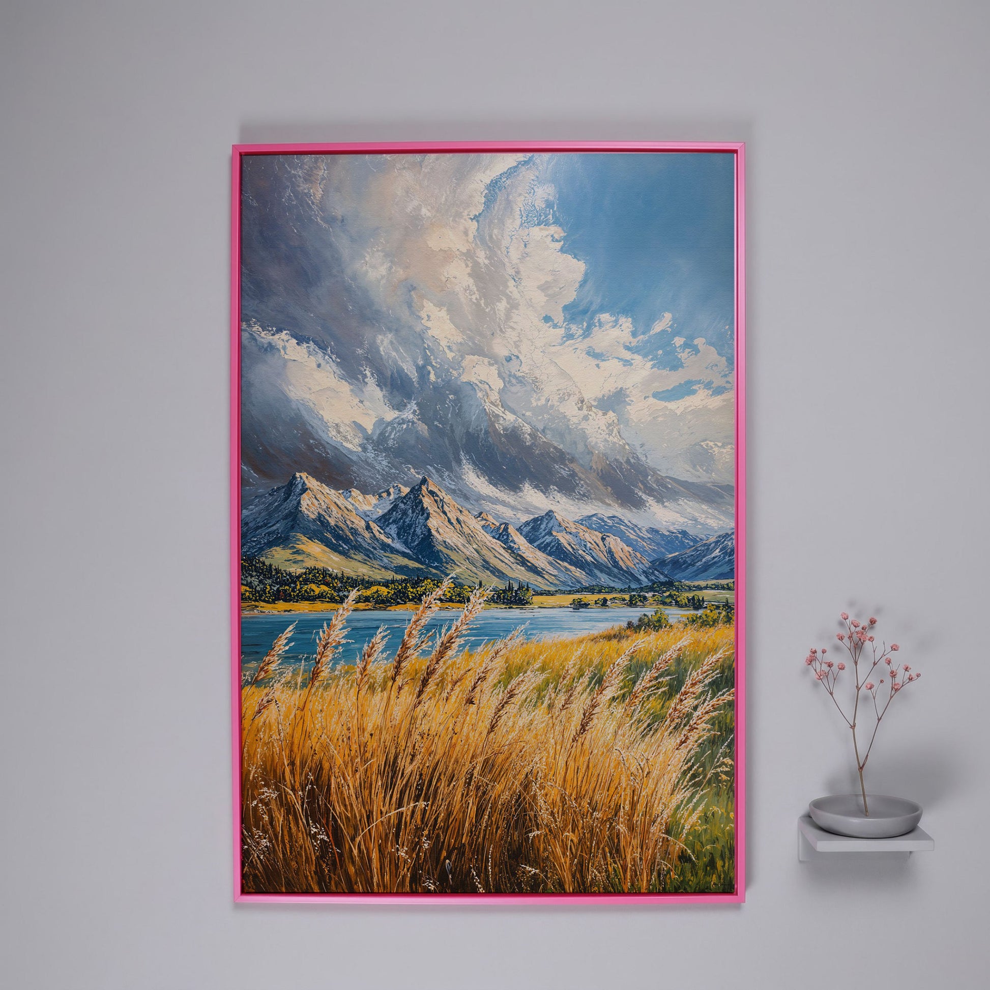 Mountain Landscape Canvas with Golden Grass and Cerulean Peaks in pink floating frame