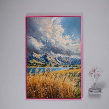 Mountain Landscape Canvas with Golden Grass and Cerulean Peaks in pink floating frame