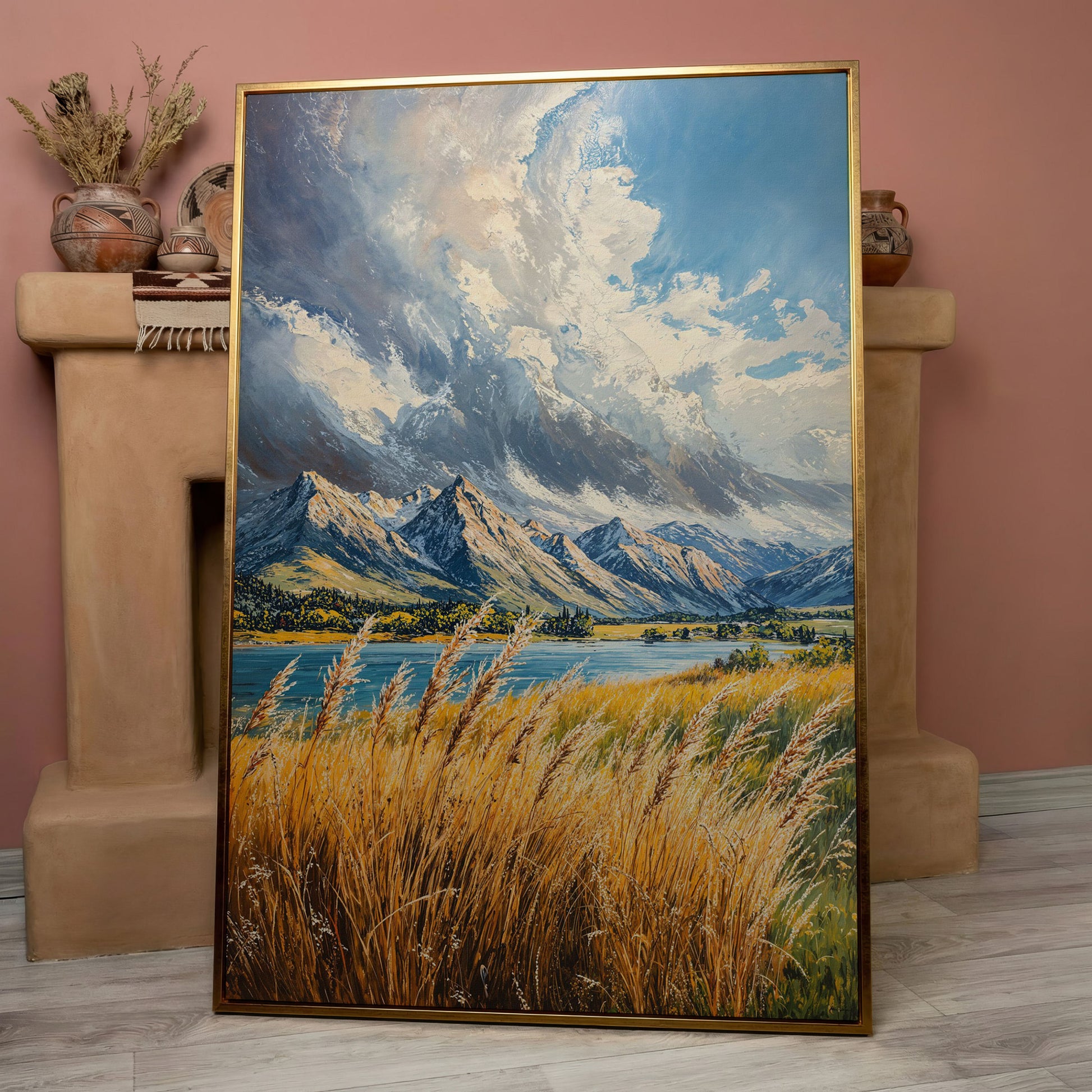 Mountain Landscape Canvas with Golden Grass and Cerulean Peaks in rose gold floating frame