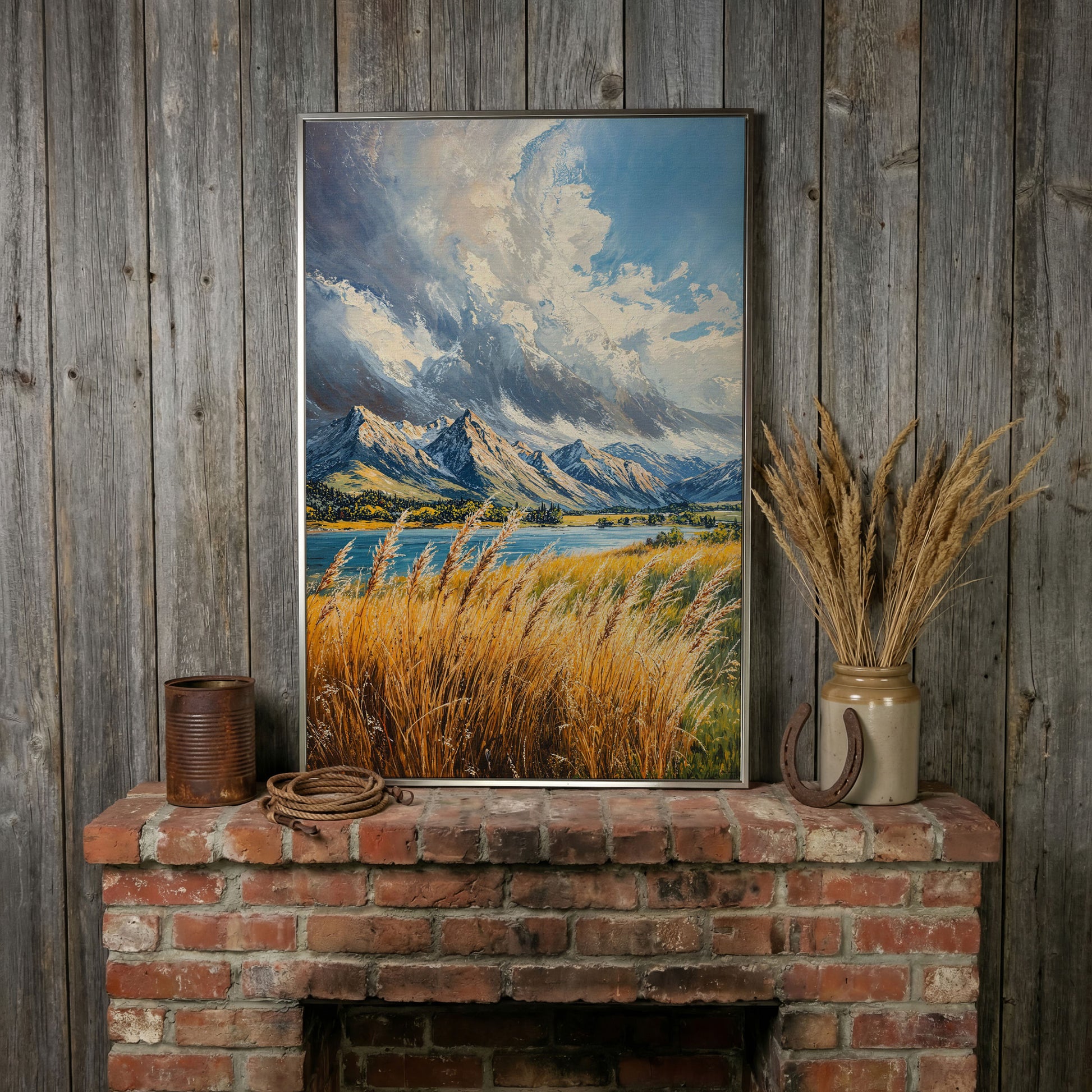 Mountain Landscape Canvas with Golden Grass and Cerulean Peaks in silver floating frame