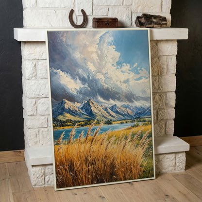 Mountain Landscape Canvas with Golden Grass and Cerulean Peaks in white floating frame