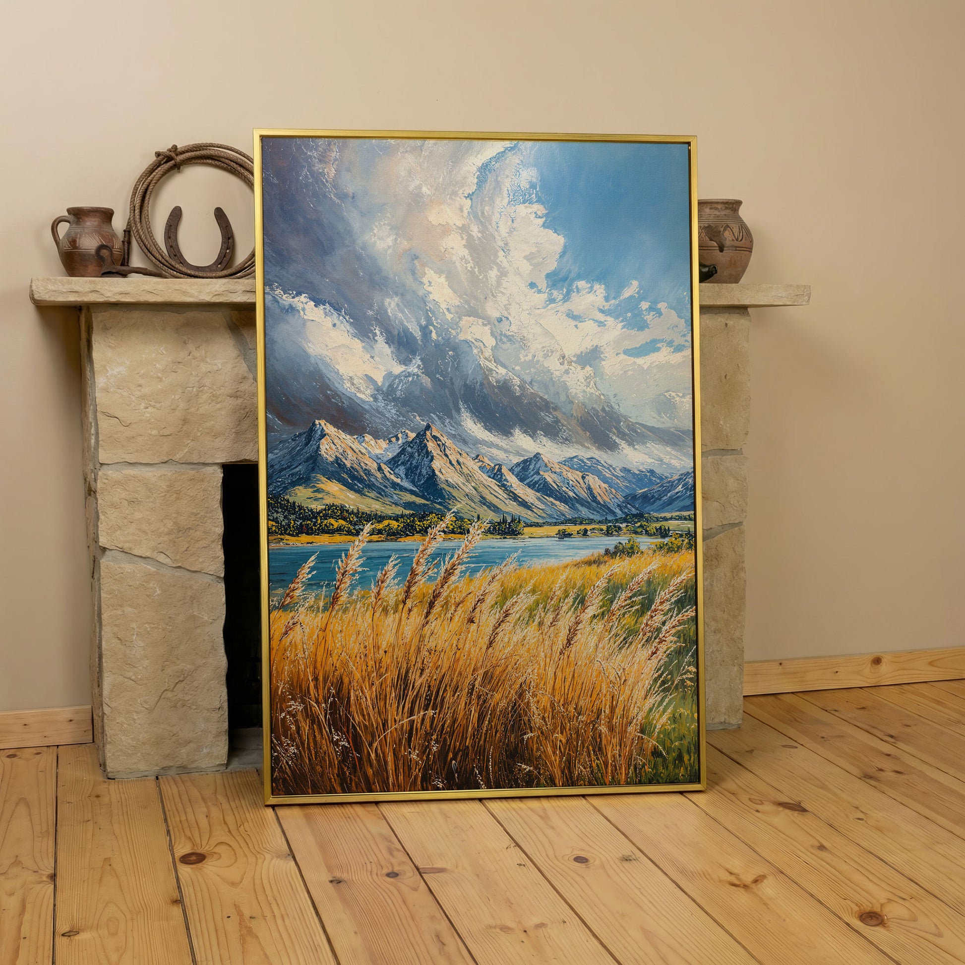 Mountain Landscape Canvas with Golden Grass and Cerulean Peaks in yellow gold floating frame