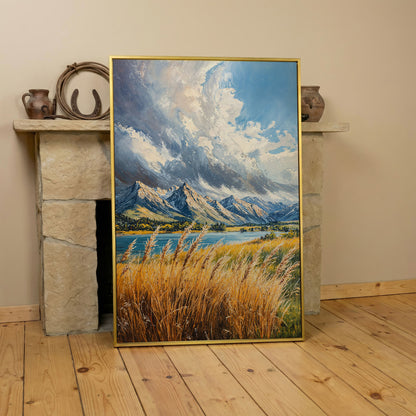 Mountain Landscape Canvas with Golden Grass and Cerulean Peaks in yellow gold floating frame