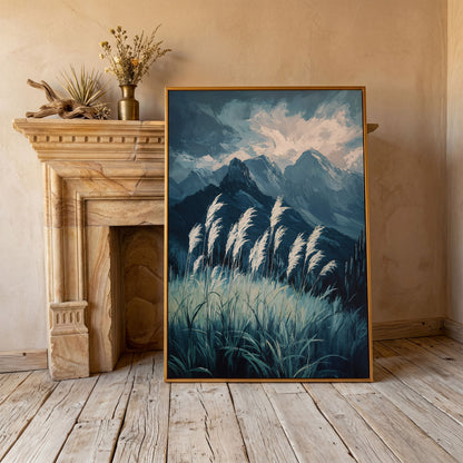 Cloudy Mountains Wilderness Canvas Print in antique gold floating frame