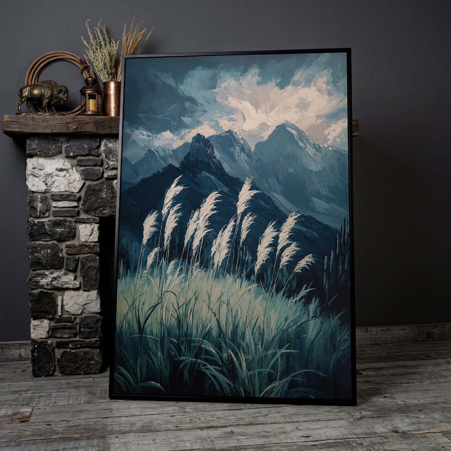 Cloudy Mountains Wilderness Canvas Print in black floating frame