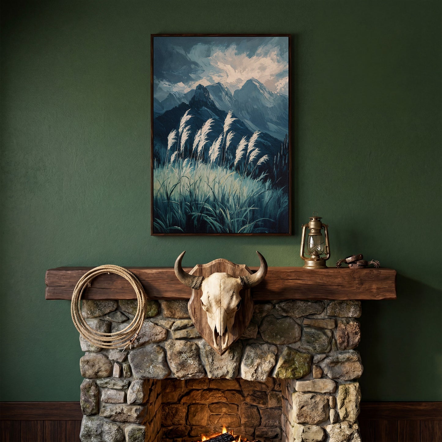 Cloudy Mountains Wilderness Canvas Print in dark walnut floating frame