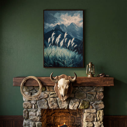 Cloudy Mountains Wilderness Canvas Print in dark walnut floating frame