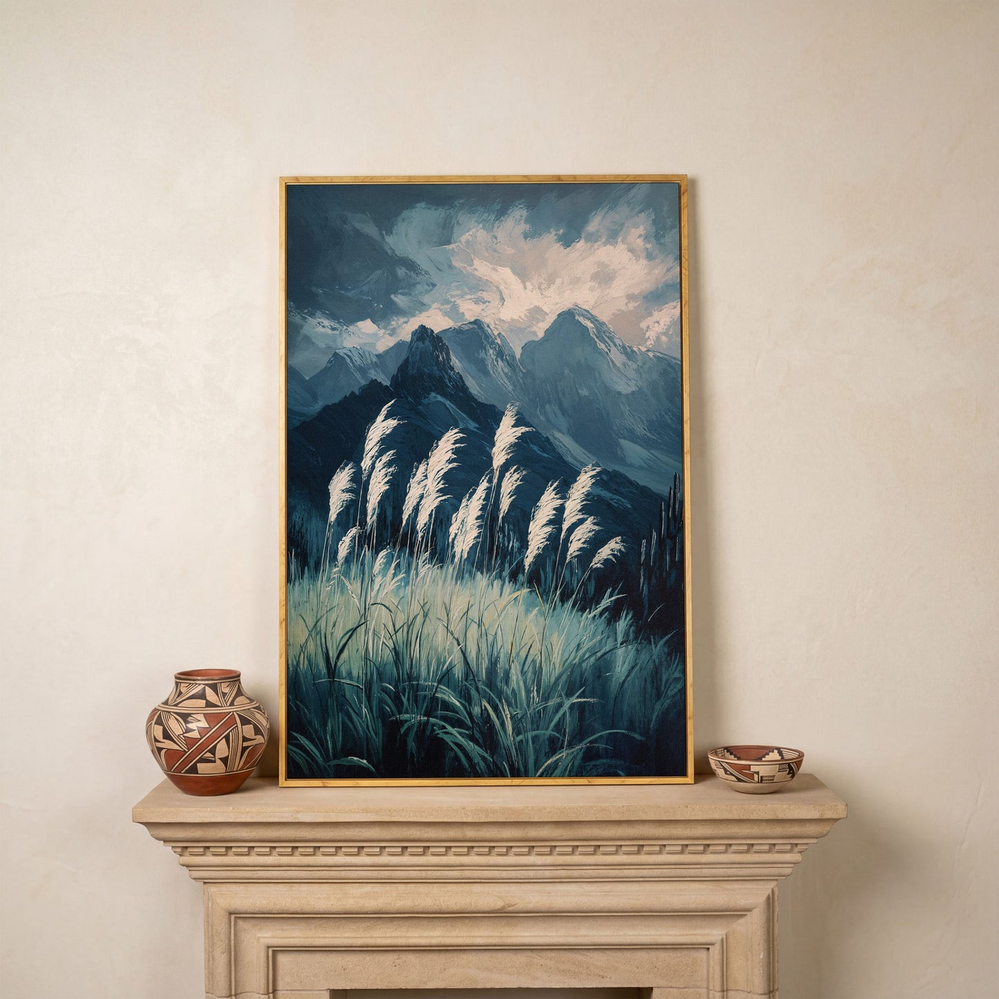 Cloudy Mountains Wilderness Canvas Print in white oak floating frame