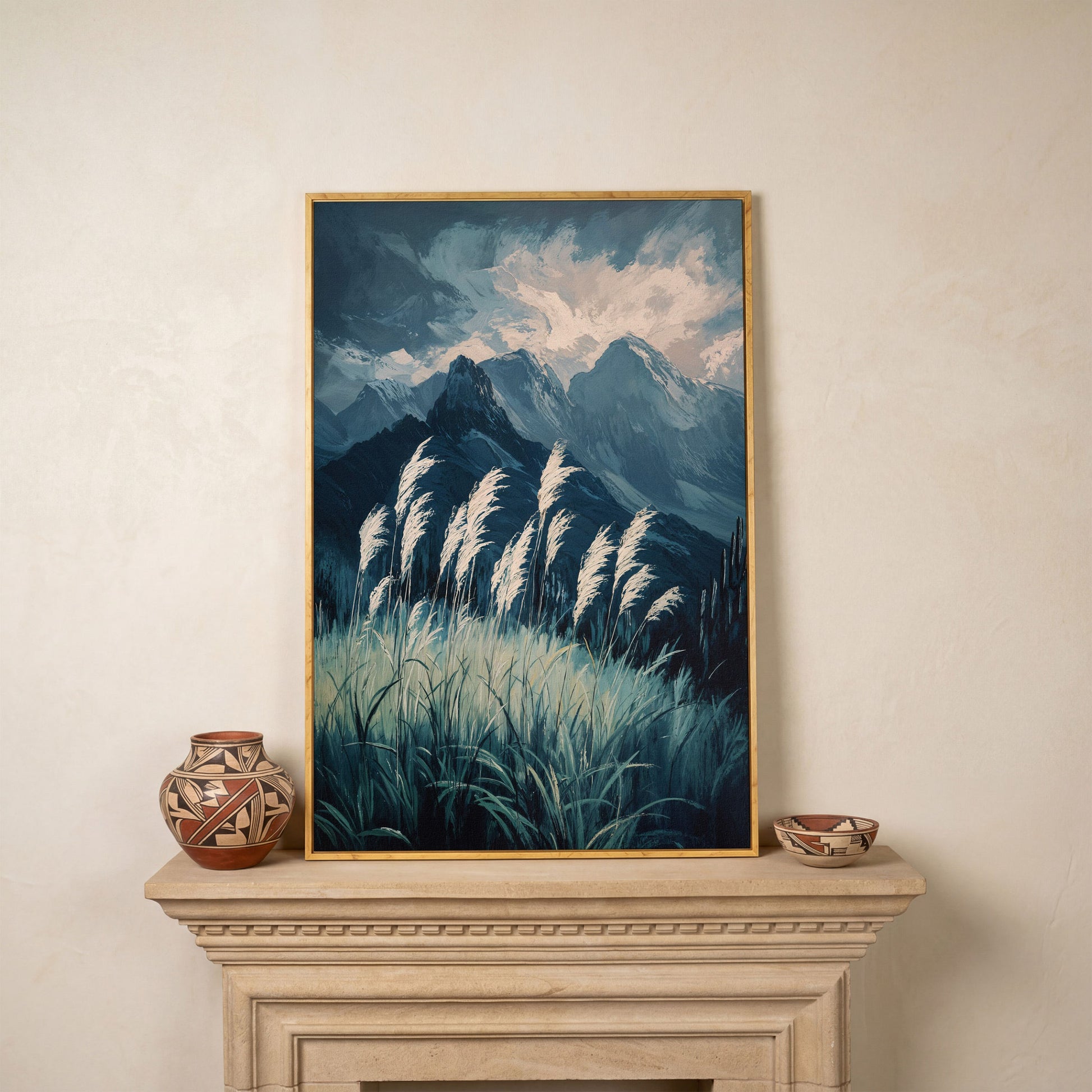 Cloudy Mountains Wilderness Canvas Print in white oak floating frame