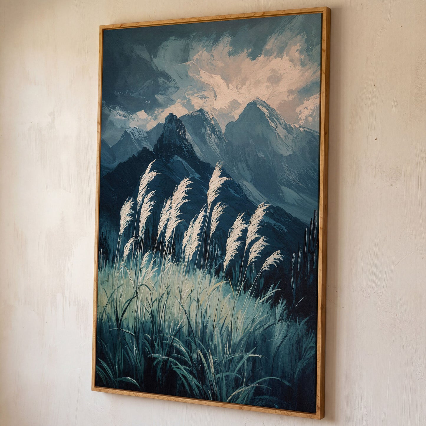 Cloudy Mountains Wilderness Canvas Print shown in white oak floating frame