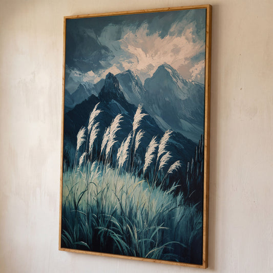 Cloudy Mountains Wilderness Canvas Print shown in white oak floating frame