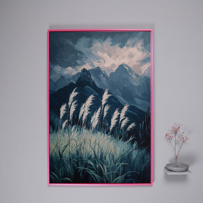 Cloudy Mountains Wilderness Canvas Print in pink floating frame