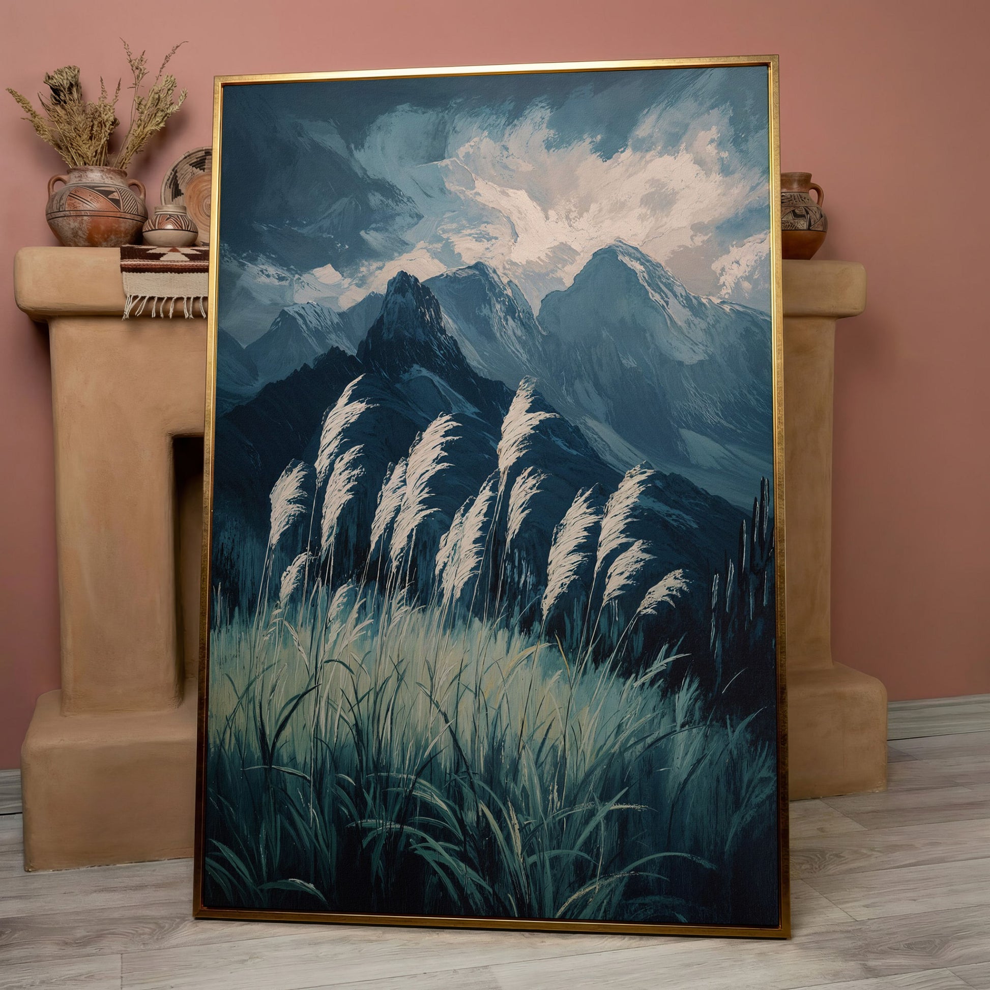 Cloudy Mountains Wilderness Canvas Print in rose gold floating frame