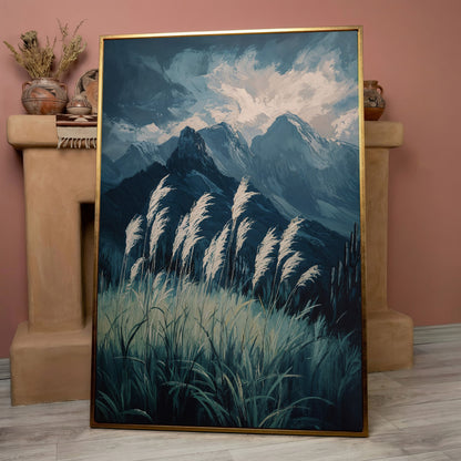 Cloudy Mountains Wilderness Canvas Print in rose gold floating frame