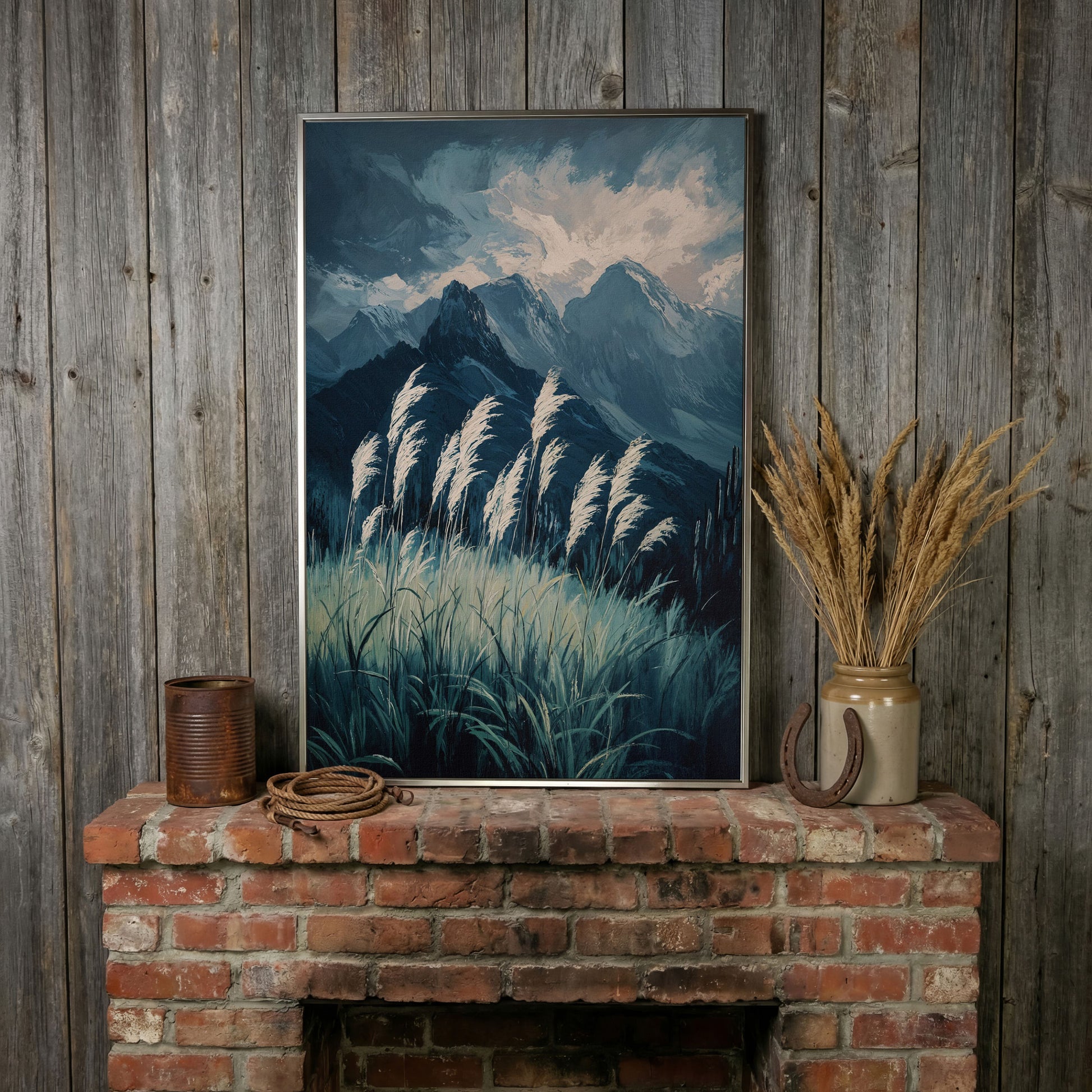 Cloudy Mountains Wilderness Canvas Print in silver floating frame