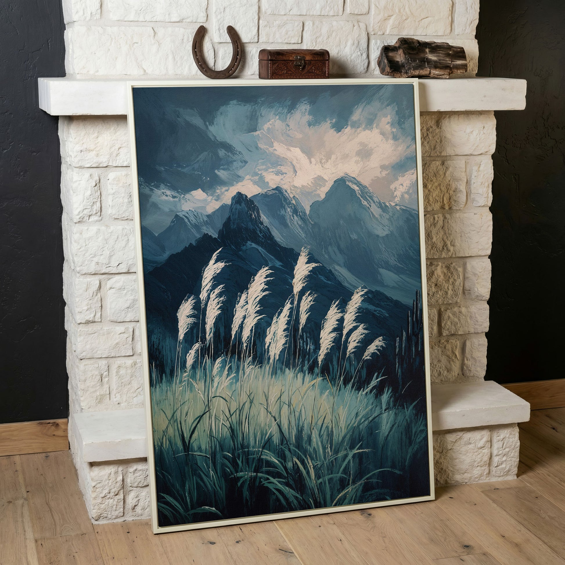 Cloudy Mountains Wilderness Canvas Print in white floating frame