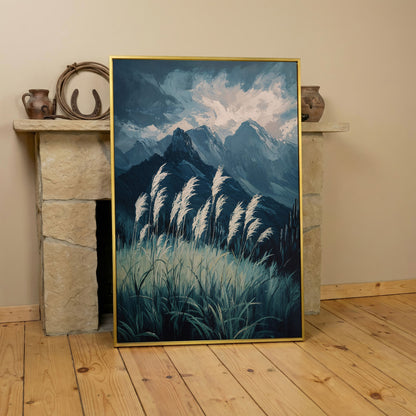Cloudy Mountains Wilderness Canvas Print in yellow gold floating frame