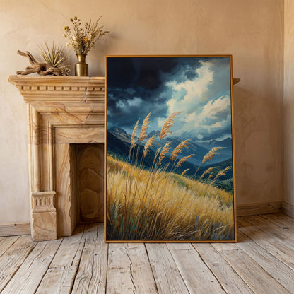 Mountain Landscape Canvas with Dramatic Sky in antique gold floating frame