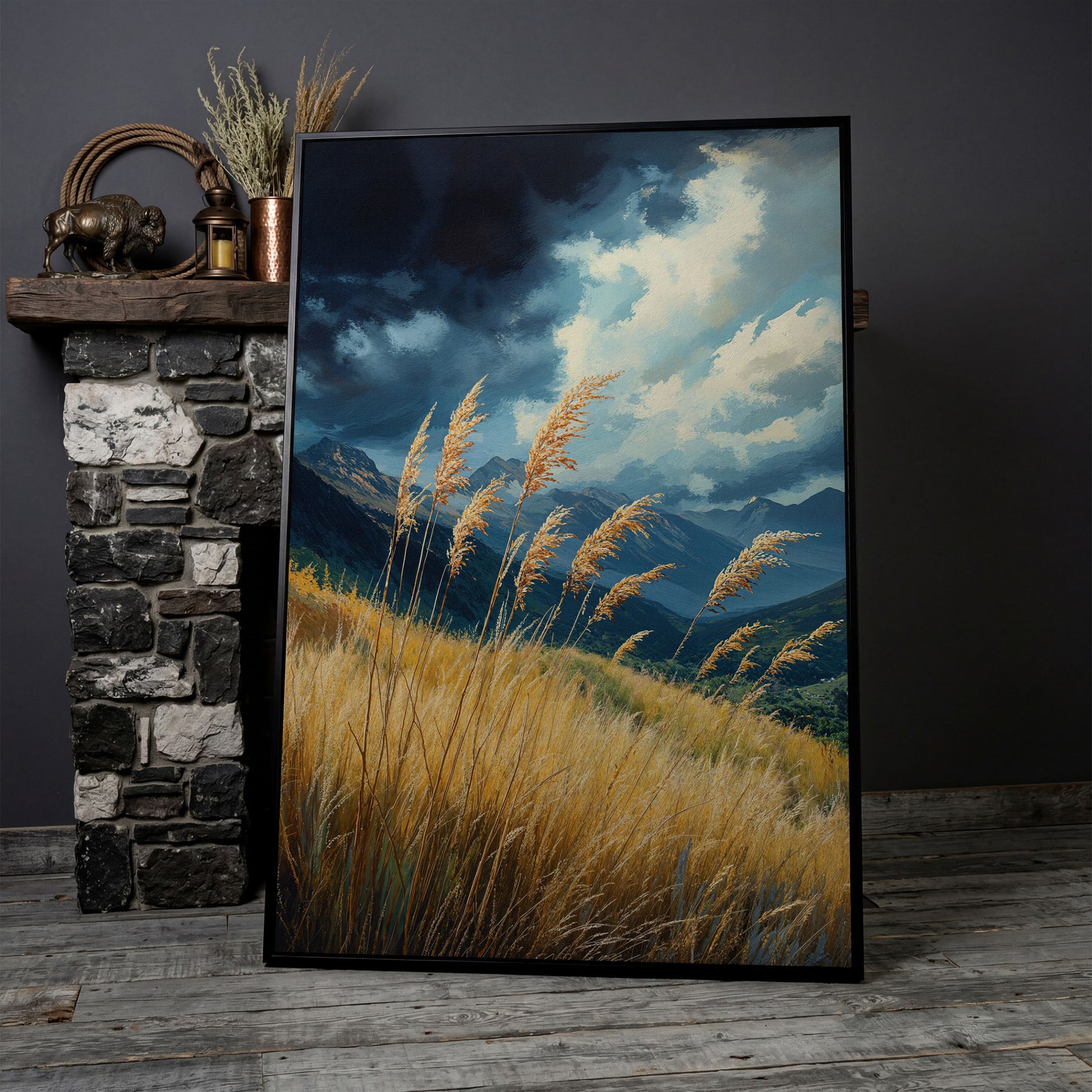 Mountain Landscape Canvas with Dramatic Sky in black floating frame