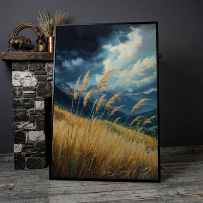 Mountain Landscape Canvas with Dramatic Sky in black floating frame