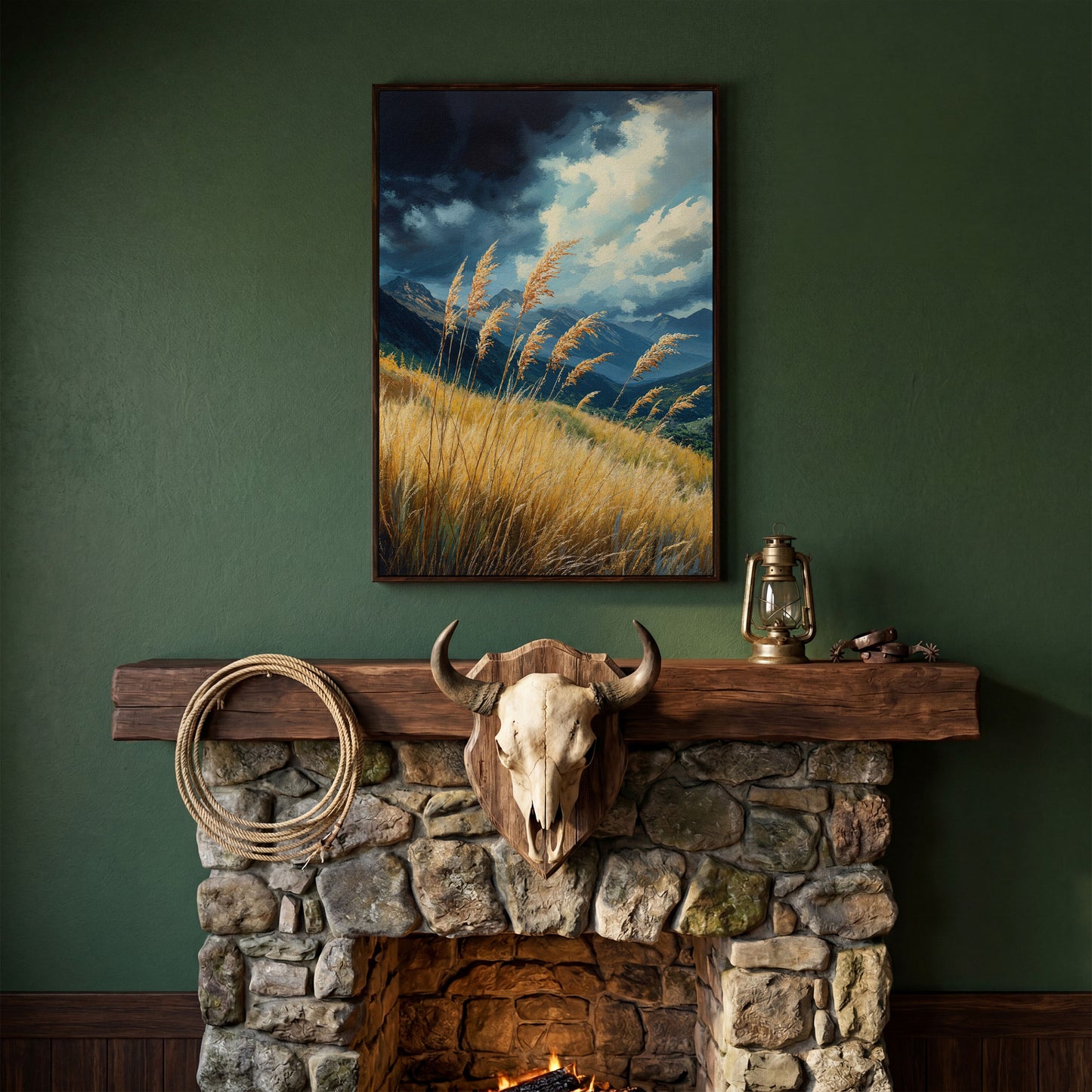 Mountain Landscape Canvas with Dramatic Sky in dark walnut floating frame