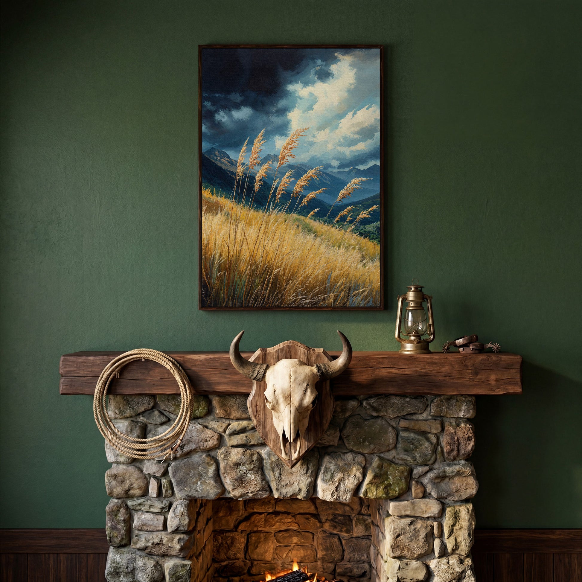 Mountain Landscape Canvas with Dramatic Sky in dark walnut floating frame