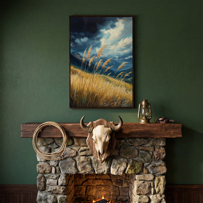 Mountain Landscape Canvas with Dramatic Sky in dark walnut floating frame