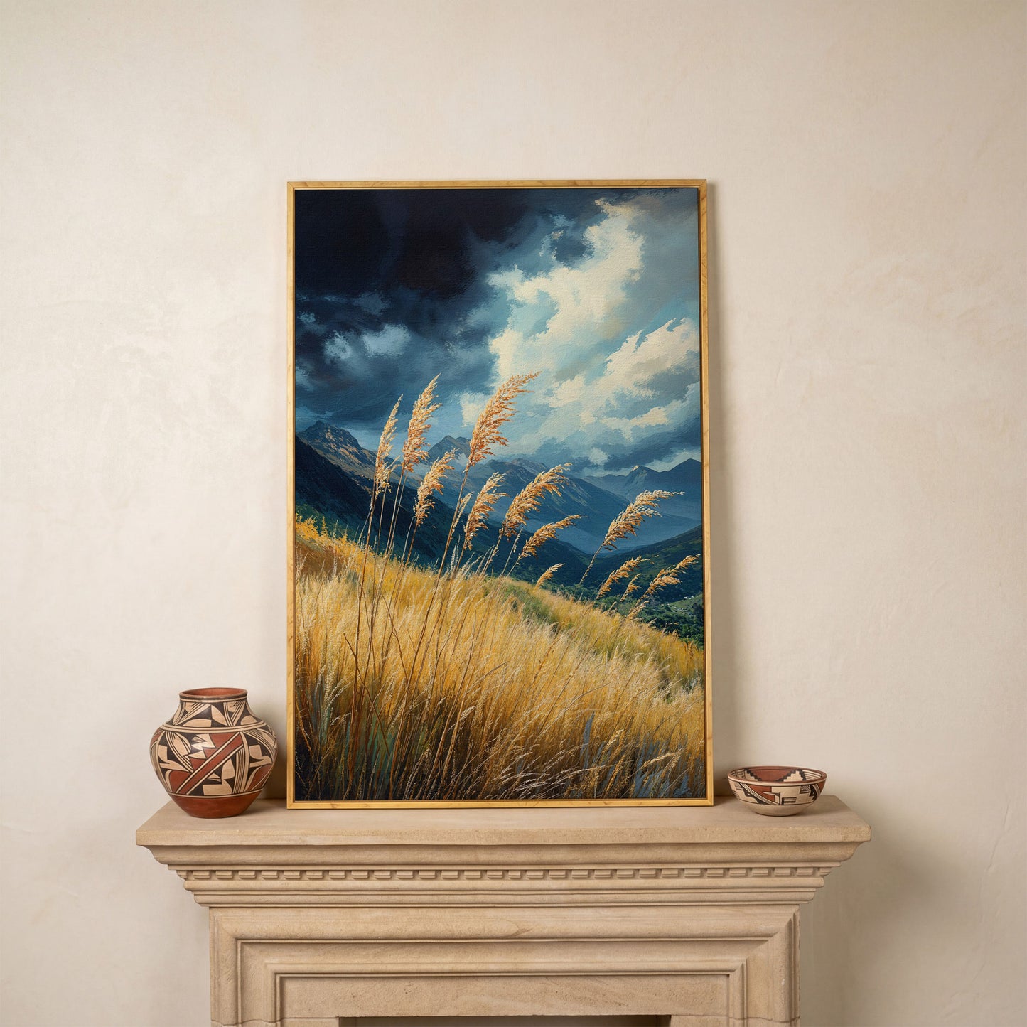Mountain Landscape Canvas with Dramatic Sky in white oak floating frame