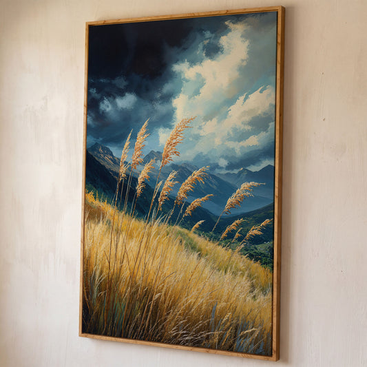 Mountain Landscape Canvas with Dramatic Sky shown in white oak floating frame