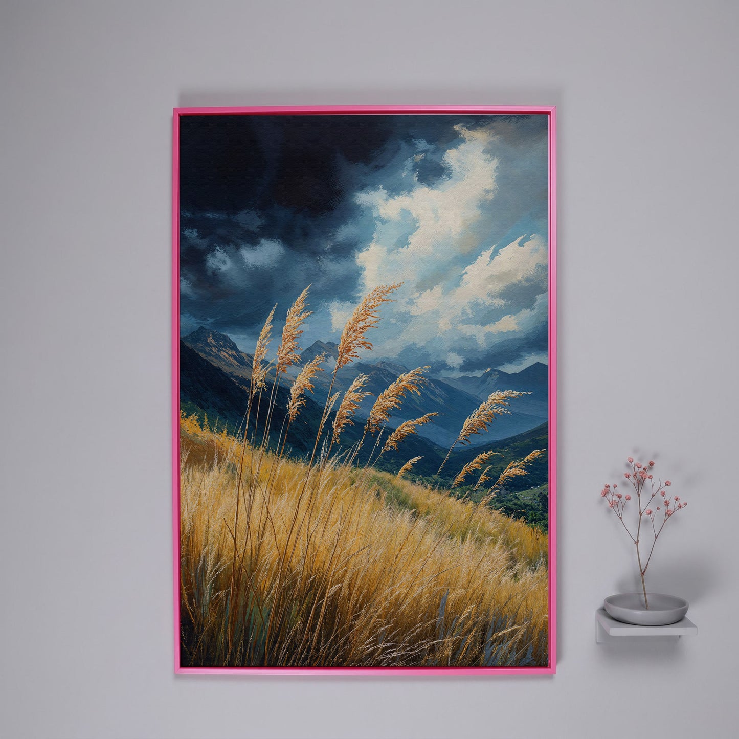 Mountain Landscape Canvas with Dramatic Sky in pink floating frame