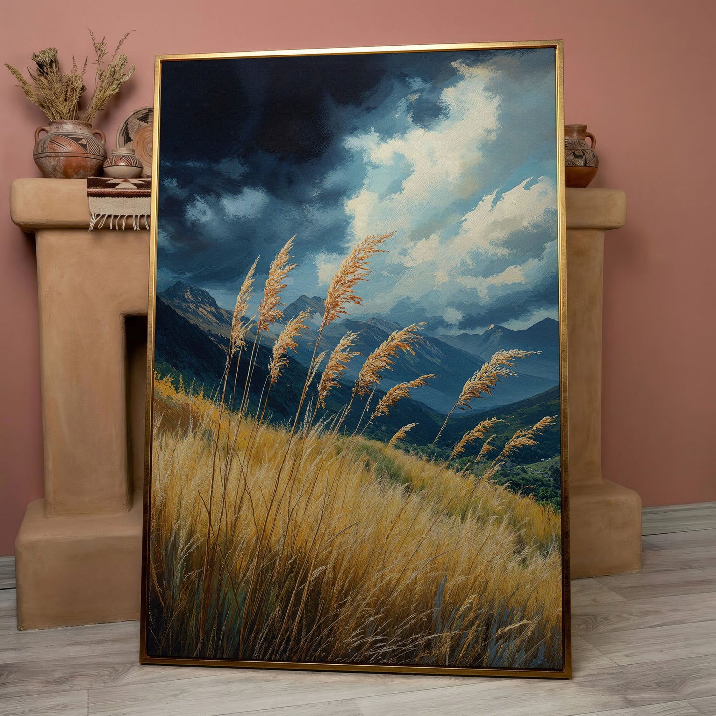 Mountain Landscape Canvas with Dramatic Sky in rose gold floating frame