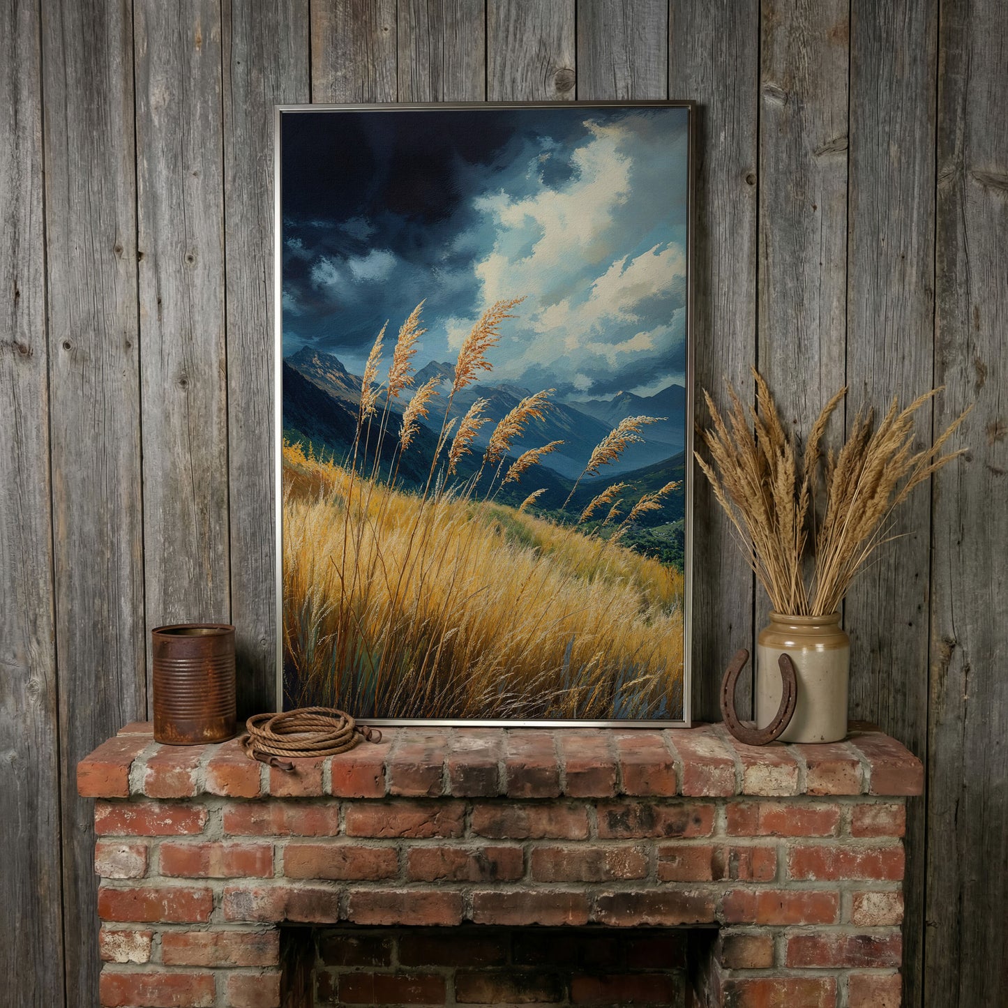 Mountain Landscape Canvas with Dramatic Sky in silver floating frame