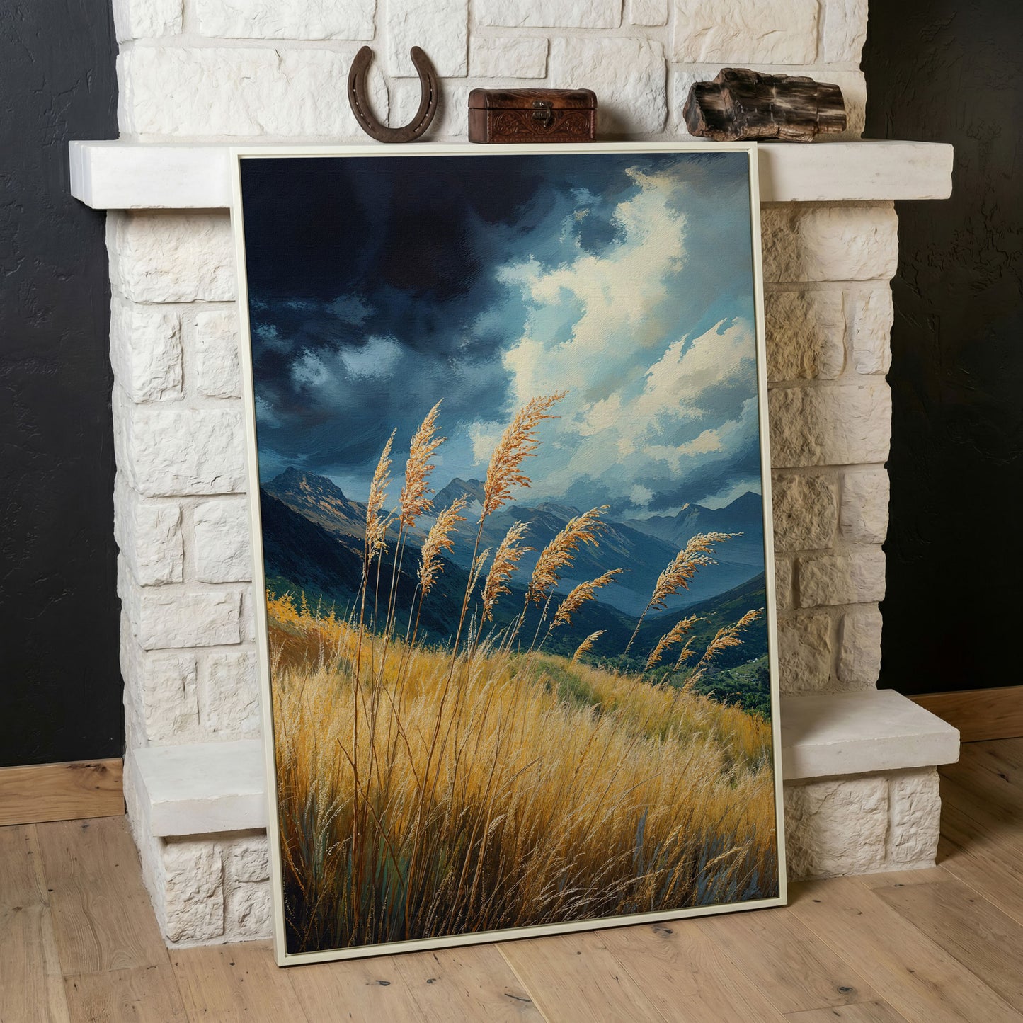 Mountain Landscape Canvas with Dramatic Sky in white floating frame