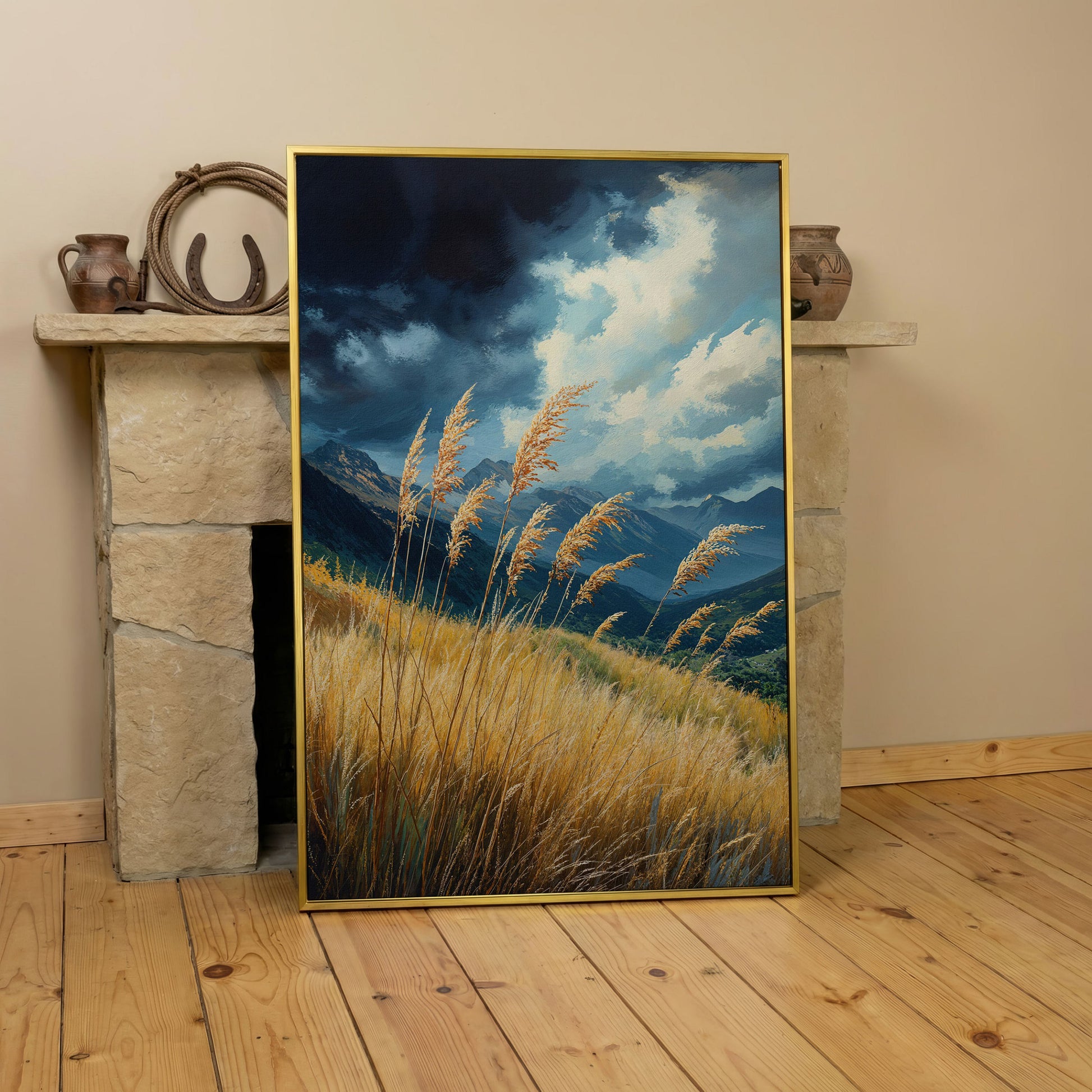 Mountain Landscape Canvas with Dramatic Sky in yellow gold floating frame