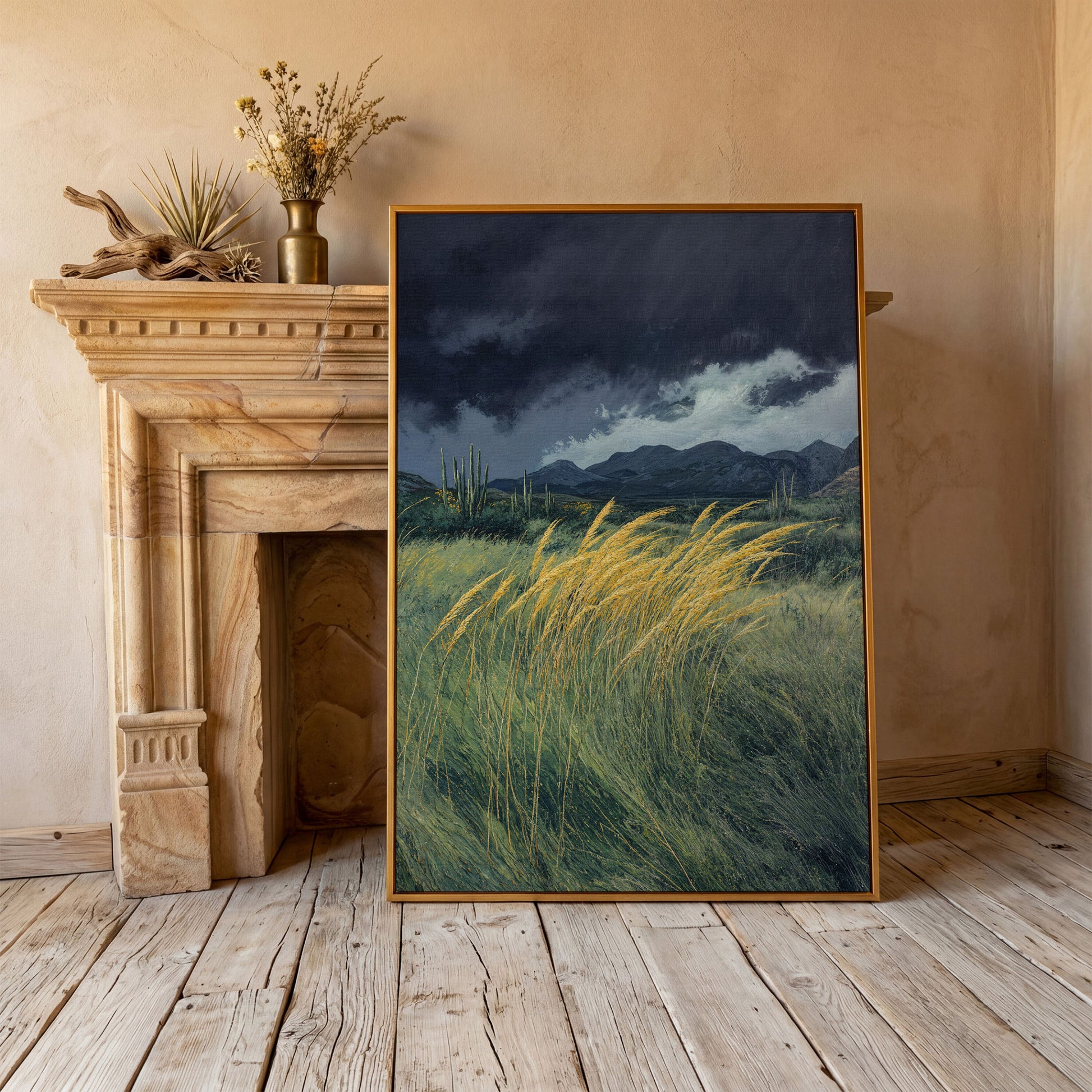 Stormy Prairie Canvas with Cacti and Golden Grass in antique gold floating frame