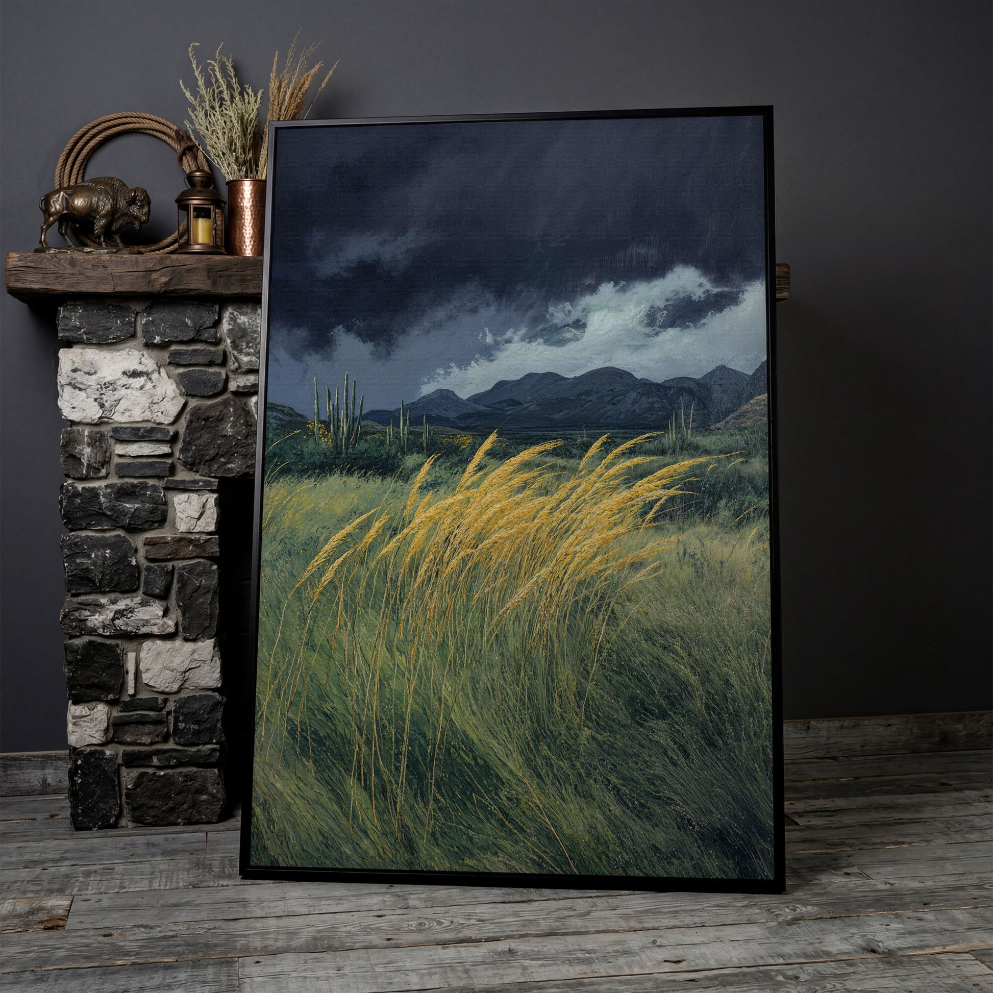 Stormy Prairie Canvas with Cacti and Golden Grass in black floating frame
