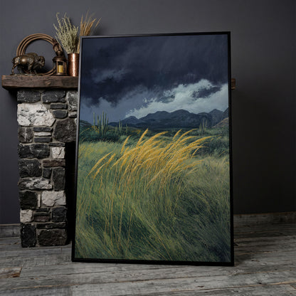 Stormy Prairie Canvas with Cacti and Golden Grass in black floating frame