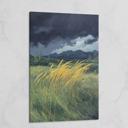 Stormy Prairie Canvas with Cacti and Golden Grass on gallery wrap