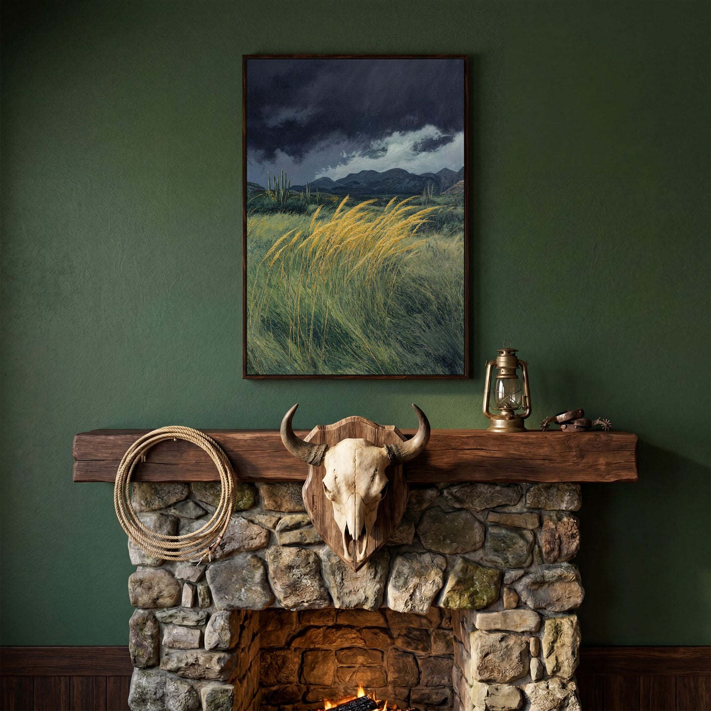 Stormy Prairie Canvas with Cacti and Golden Grass in dark walnut floating frame