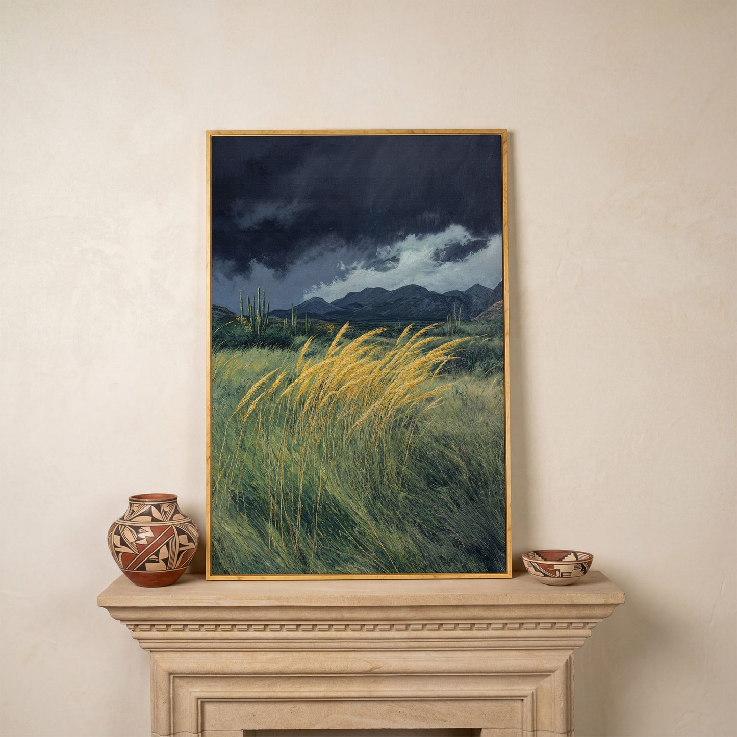 Stormy Prairie Canvas with Cacti and Golden Grass in white oak floating frame