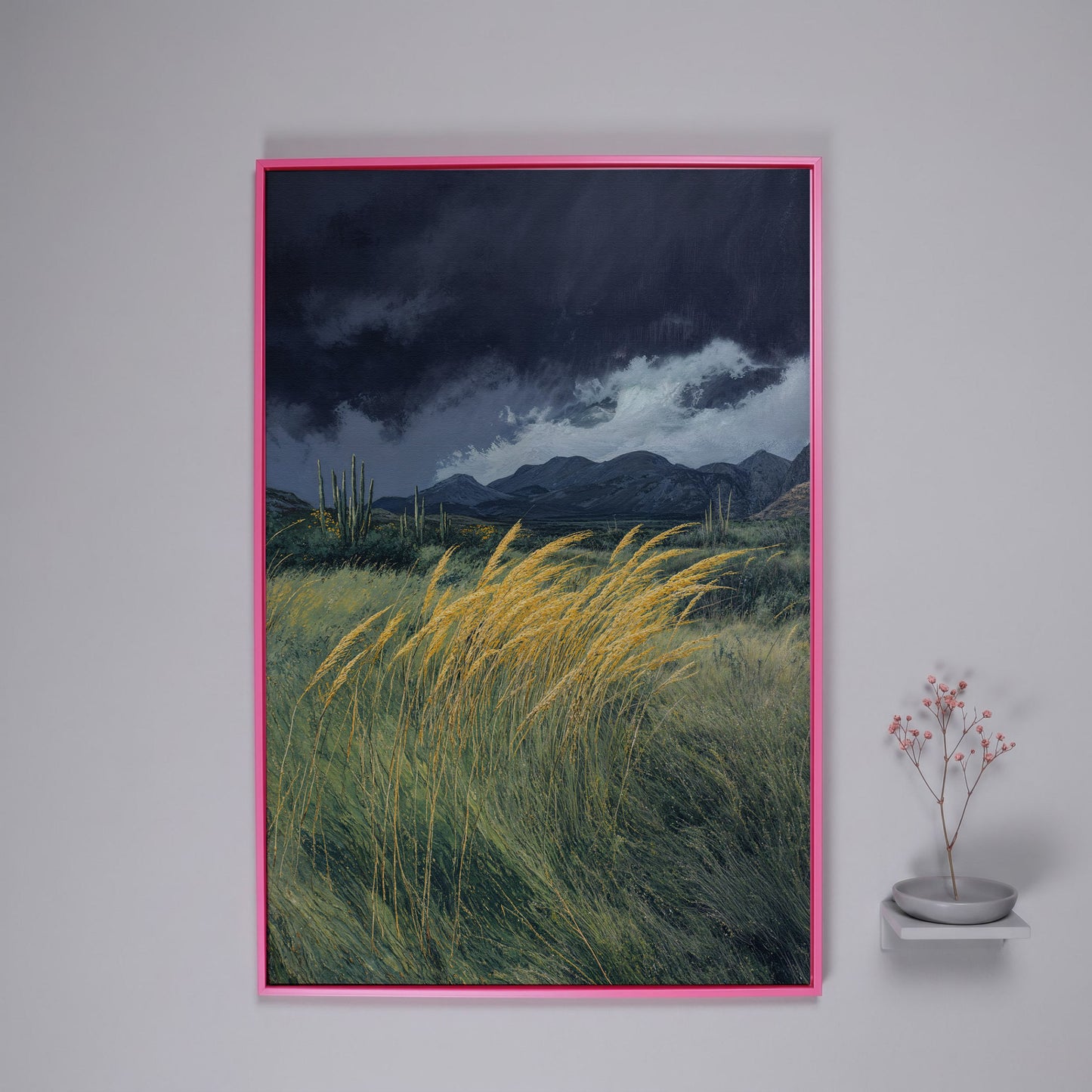 Stormy Prairie Canvas with Cacti and Golden Grass in pink floating frame